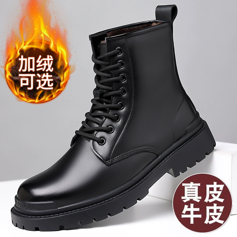 Ботинки Martin из натуральной кожи, мужские высокие ботинки со средним верхом в британском стиле, модная обувь со средним верхом, теплые зимние сапоги на флисовой подкладке, зимняя Черная мужская обувь