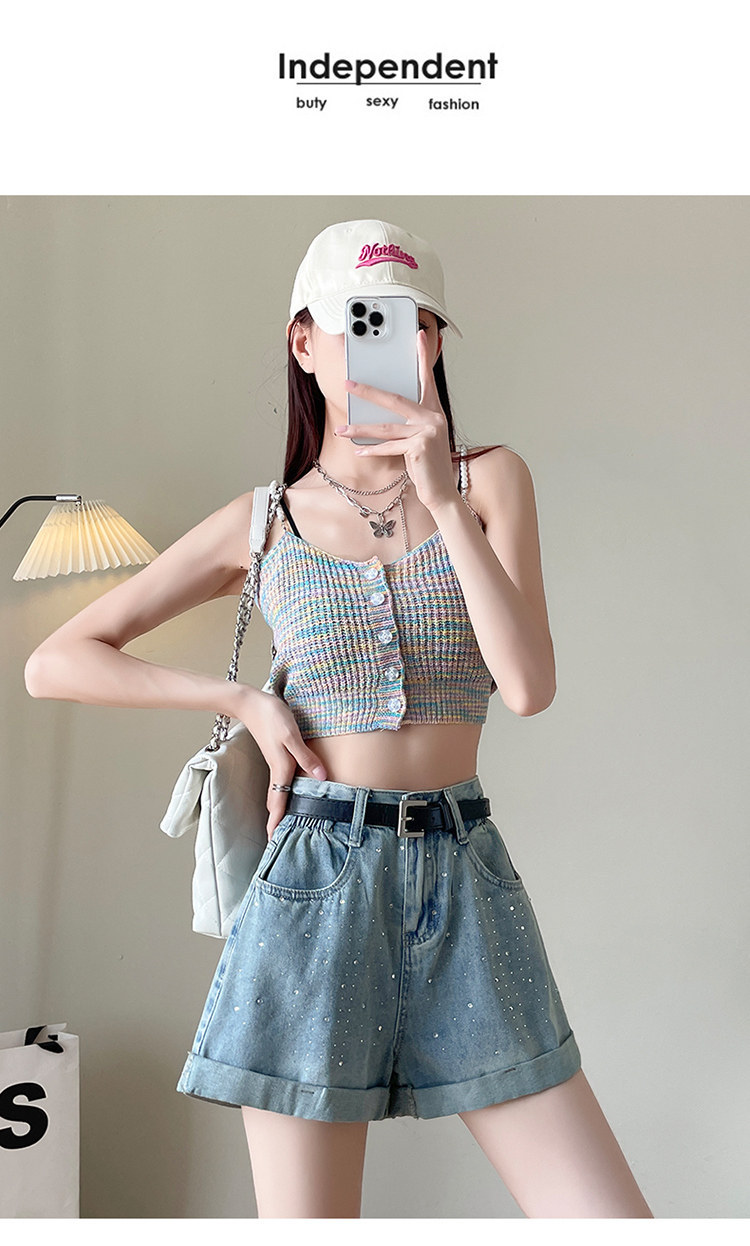 Quần short jean nữ lưng cao, ống rộng, viền chữ A, kiểu mới mùa hè — Xám đen với thắt lưng chi tiết 18