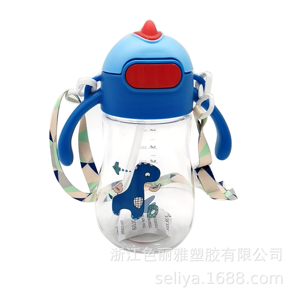 Botella de agua infantil con dinosaurio, pajilla y asa, portátil