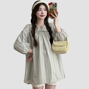 Maternity Wear Spring & Fall New Shirt Doll Collar Sweet Age-Reducing Elegant Stripesd Top Women's T-Shirt Three-Quarter Sleeve Spring and Summer