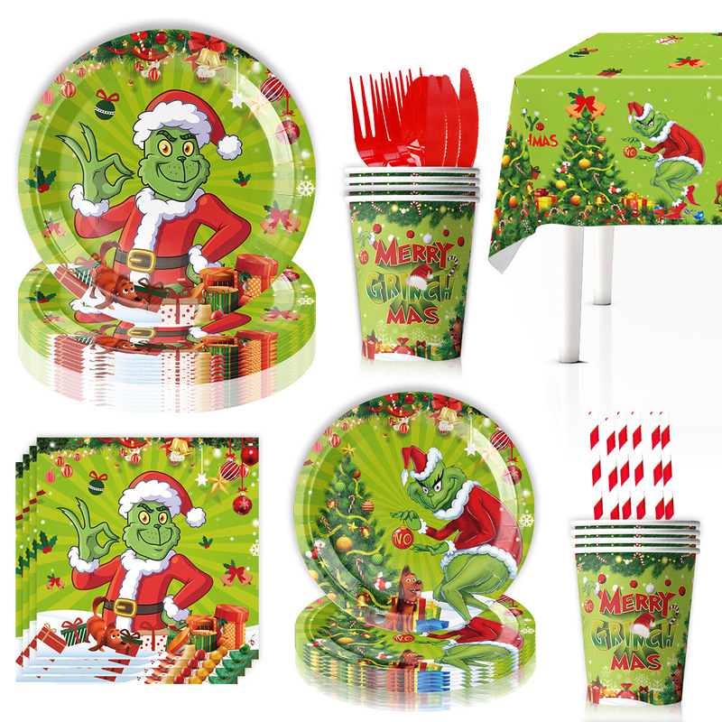 Cross-border best-selling Grinch Christmas party tableware set, including green monster banners, paper plates, paper cups, napkins, and tablecloths Cross-border best-selling Grinch Christmas party tableware set, including green monster banners, paper plates, paper cups, napkins, and tablecloths
