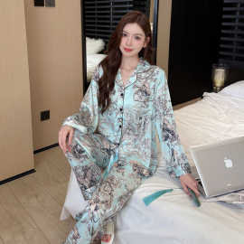 高级缎面冰雪丝长袖睡衣女春秋季水墨画小红书同款夏天家居服套装
