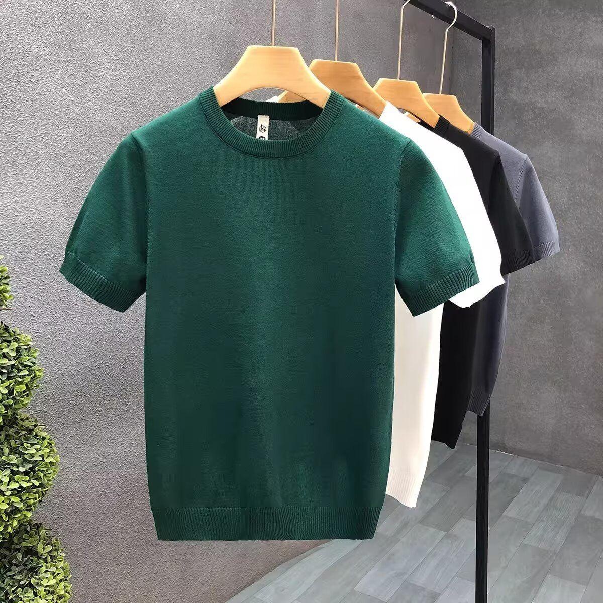Knitted Short-Sleeved T-Shirt Men's Summer Thin Ice Silk Half-Sleeved Sweater Men's White Inner Wear Single Wear Bottoming Top