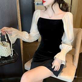 金丝绒连衣裙子长袖春秋冬季2025年新款小个子女装法式配大衣黑色