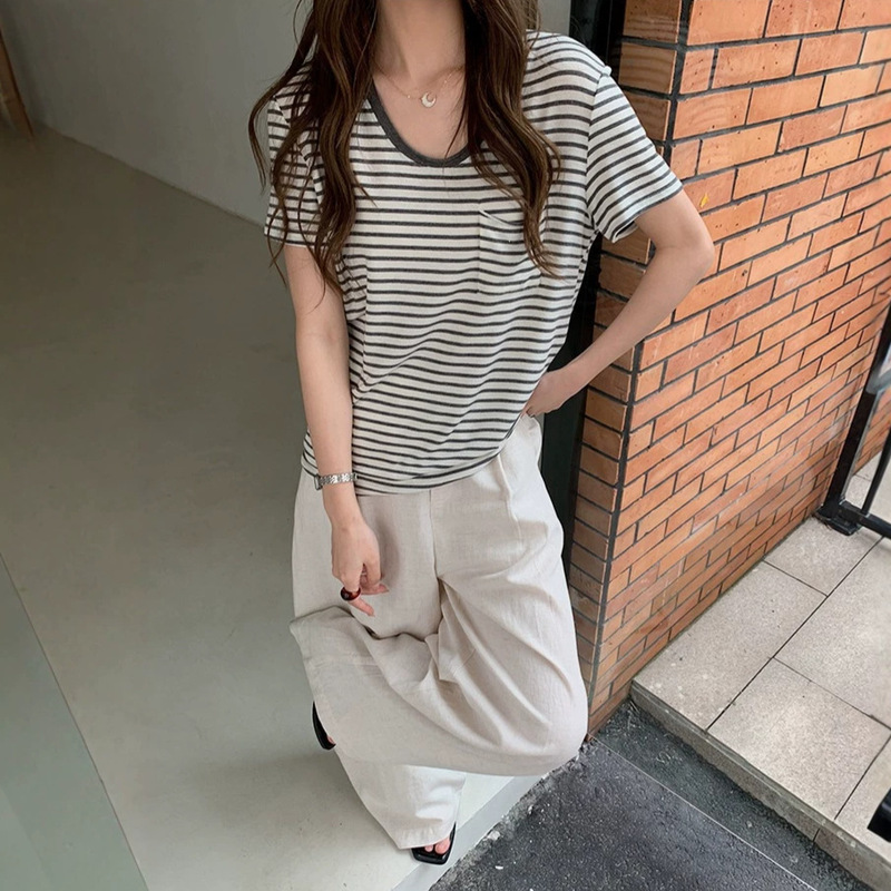 High-quality Tencel linen short-sleeve women's loose-fitting stretchy base shirt with striped pocket design T-shirt top