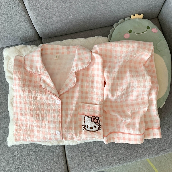 Pink plaid KT cat [Long Sleeve + Long Trousers]