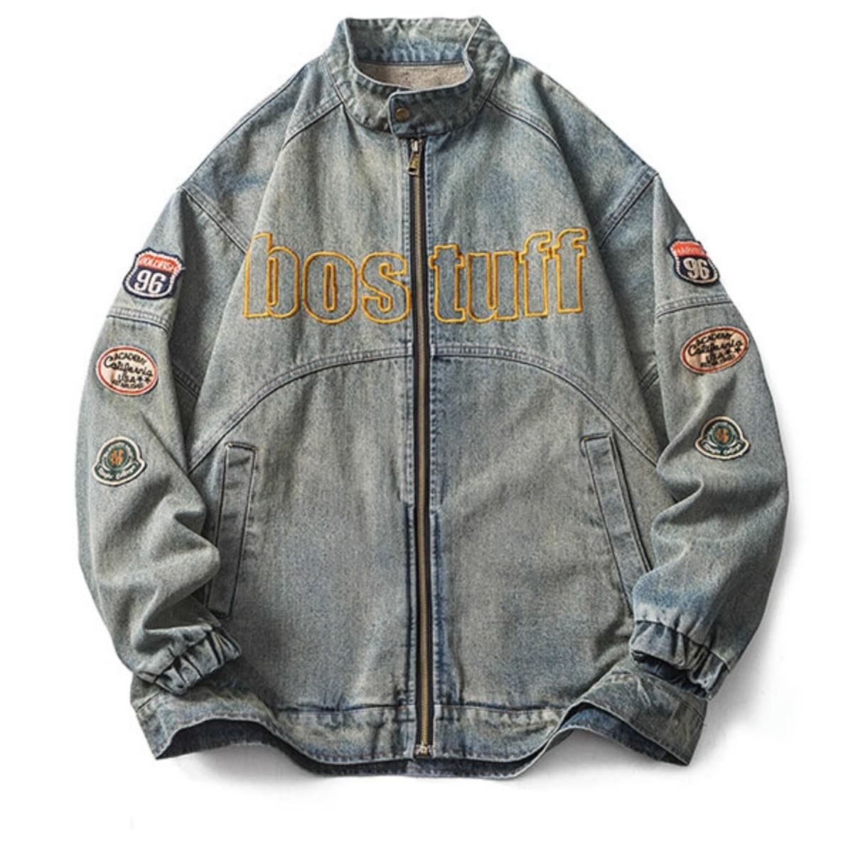 Motorcycle Style Denim Jacket For Men, Washed And Worn With Trendy Brand Embroidery, Loose And Retro High Street Jacket Top_voghion.com