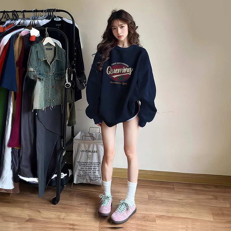 Navy Blue American Retro Velvet Sweatshirt for Women Spring & Fall 2025 New Oversize Korean Style Loose Top for Women