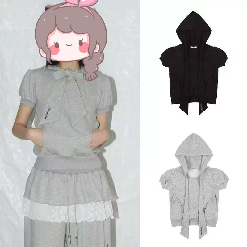 现货25夏韩国设计师潮牌FANCY减龄可爱蝴蝶结连帽短袖上衣女|undefined