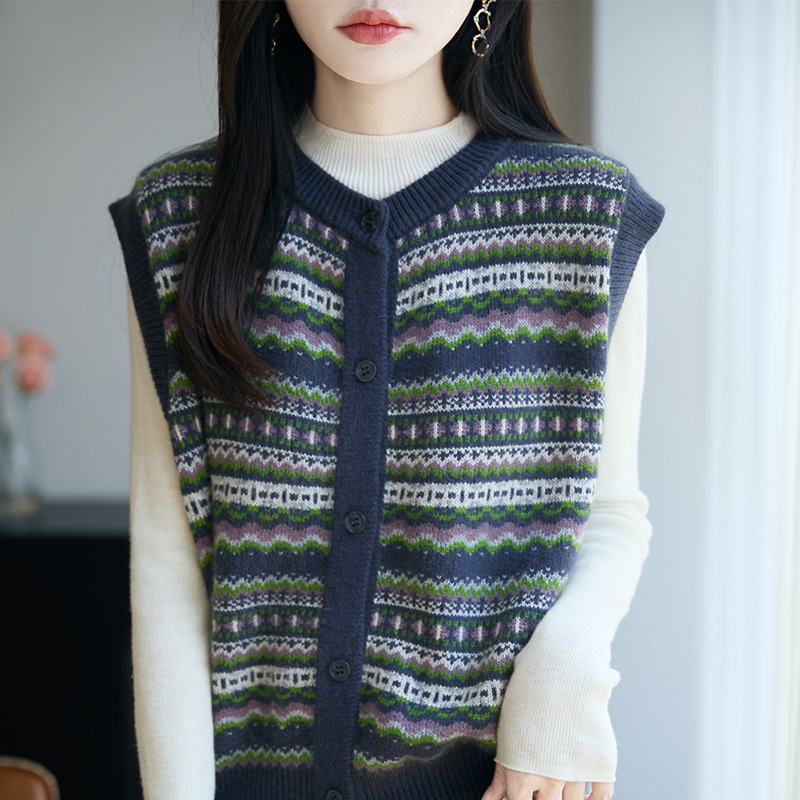法式复古条纹针织马甲开衫女新款费尔岛提花宽松叠穿女装坎肩上衣|undefined