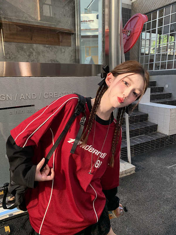 ANDEARDI デザイン偽ツーピースコントラストカラーステッチ長袖 T シャツ女性の夏軽量通気性ジャージスタイルトップ|undefined