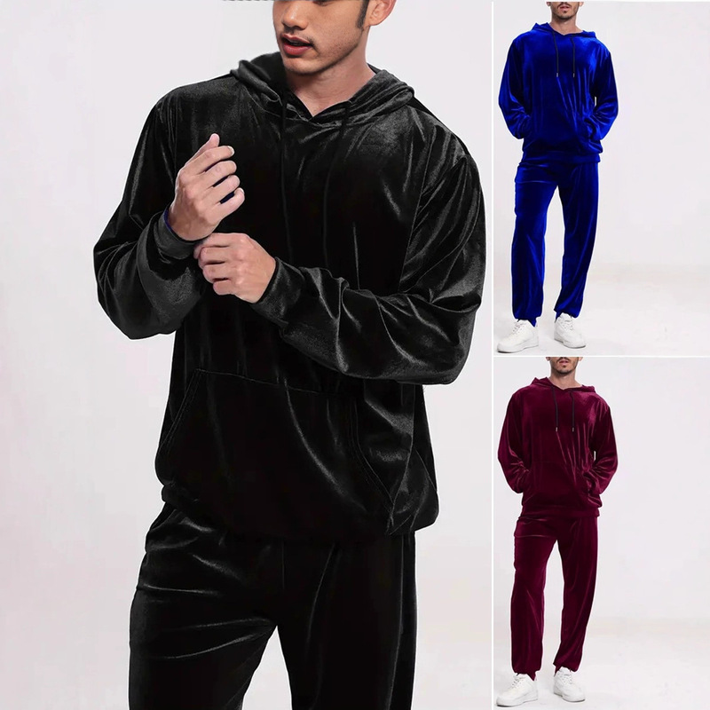 In-Stock Amazon European and American Cross-Border Men's Solid Color Velvet Casual Suit Long-Sleeve Hooded Sweatshirt Jogger Pants