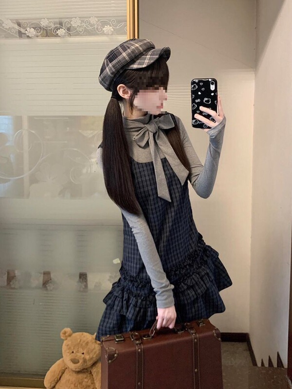 少女心事 秋装新款日系古早vintage设计蝴蝶结上衣格纹连衣裙套装|undefined
