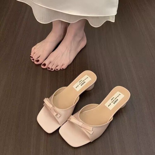 Women's Spring New Fashionable Outdoor Wear French Breeze Square Head Butterfly Knot One-piece Slippers