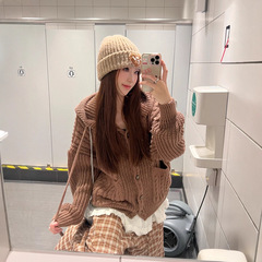 美式复古麻花连帽毛衣开衫女2025秋冬慵懒风针织衫女上衣外套ins