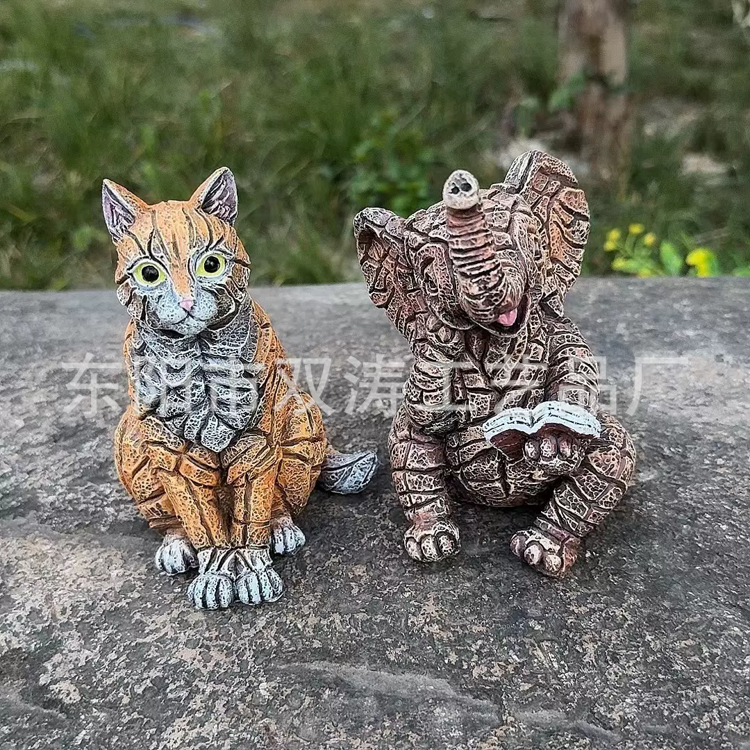 跨境新品石头小象花园装饰摆件户外园林捧花看书小象摆件树脂工艺