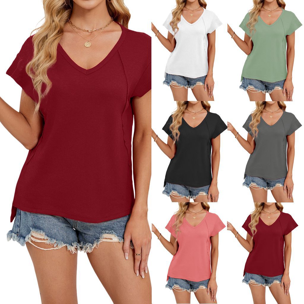 2025春夏亚马逊新款跨境外贸欧美女装华夫格V领短袖纯色T恤上衣