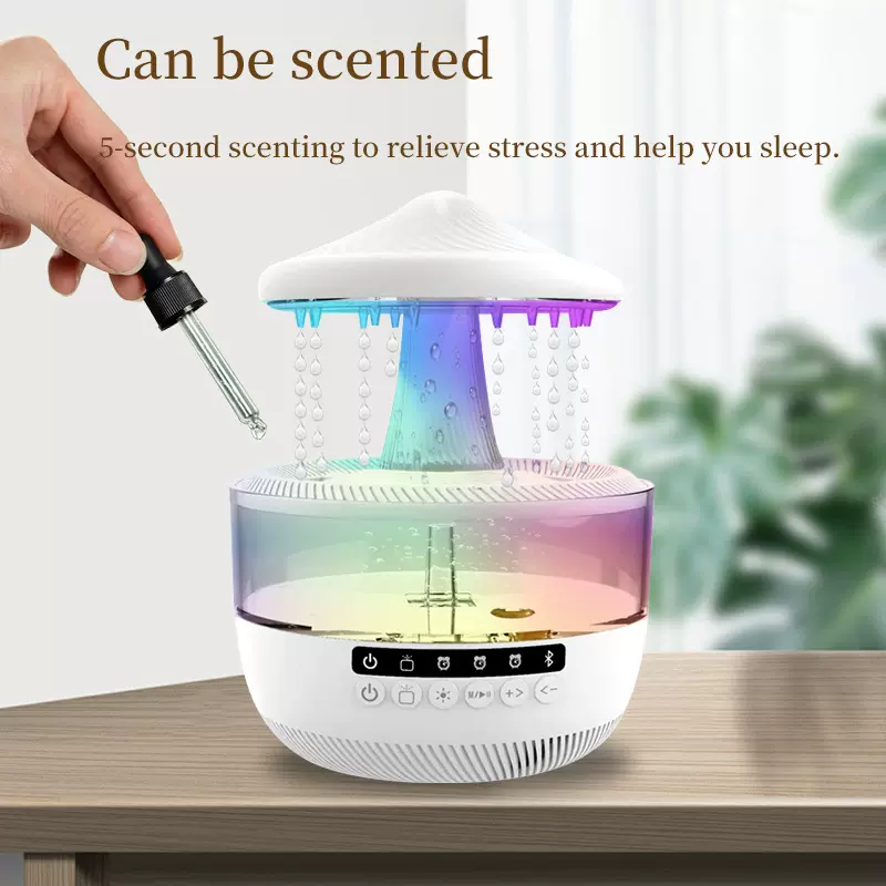 跨境新款雨滴加湿器多功能蓝牙音箱七彩氛围灯蘑菇小夜灯喷雾机