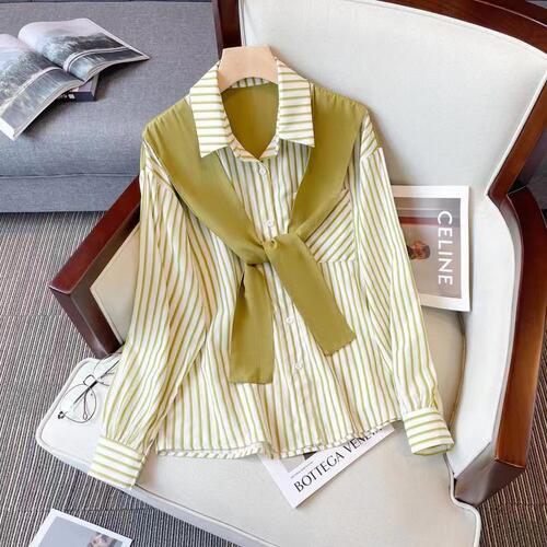 Fake two-piece vertical striped shirt for women spring new style women loose lapel chic long-sleeved shirt fashion
