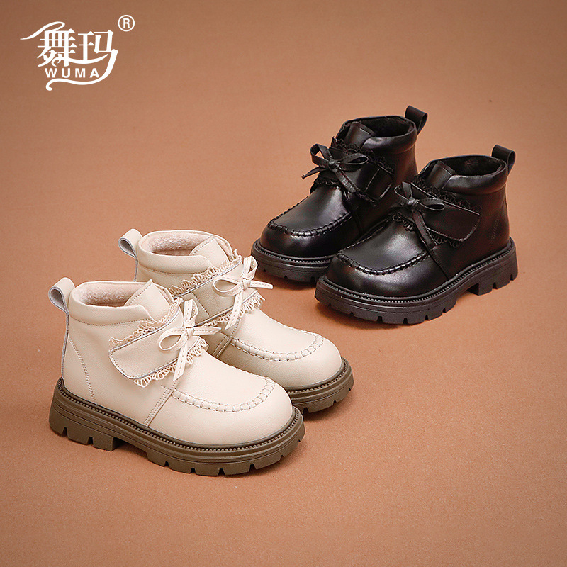 Girls Boots Children Genuine Leather Princess Ankle Boots 2024 New Winter Little Girl fleece-lined Baby Warm Cotton Shoes