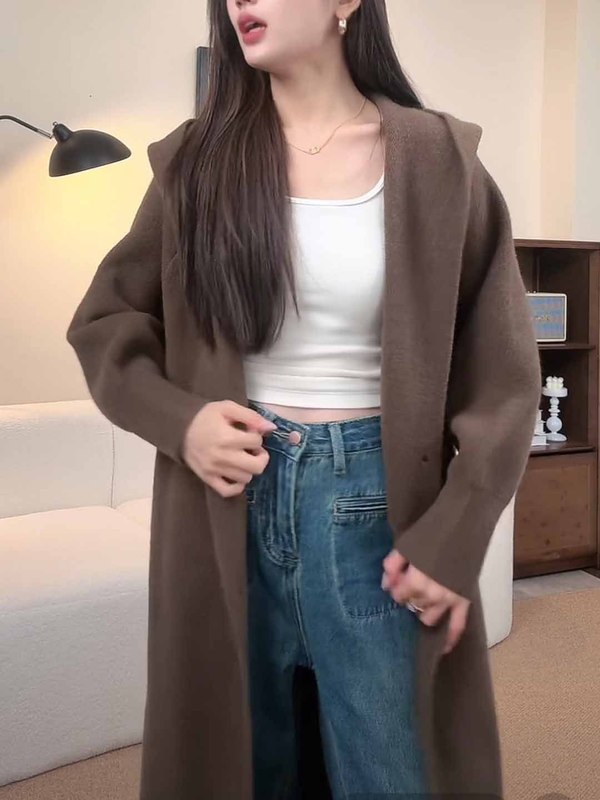 直播2025秋冬新款韩系针织开衫女慵懒风连帽中长款宽松显瘦毛衣外|undefined