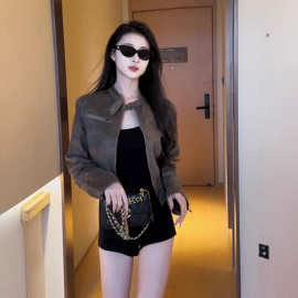 美式复古气质做旧宽松显瘦皮衣夹克小个子短款外套女2025早秋新款