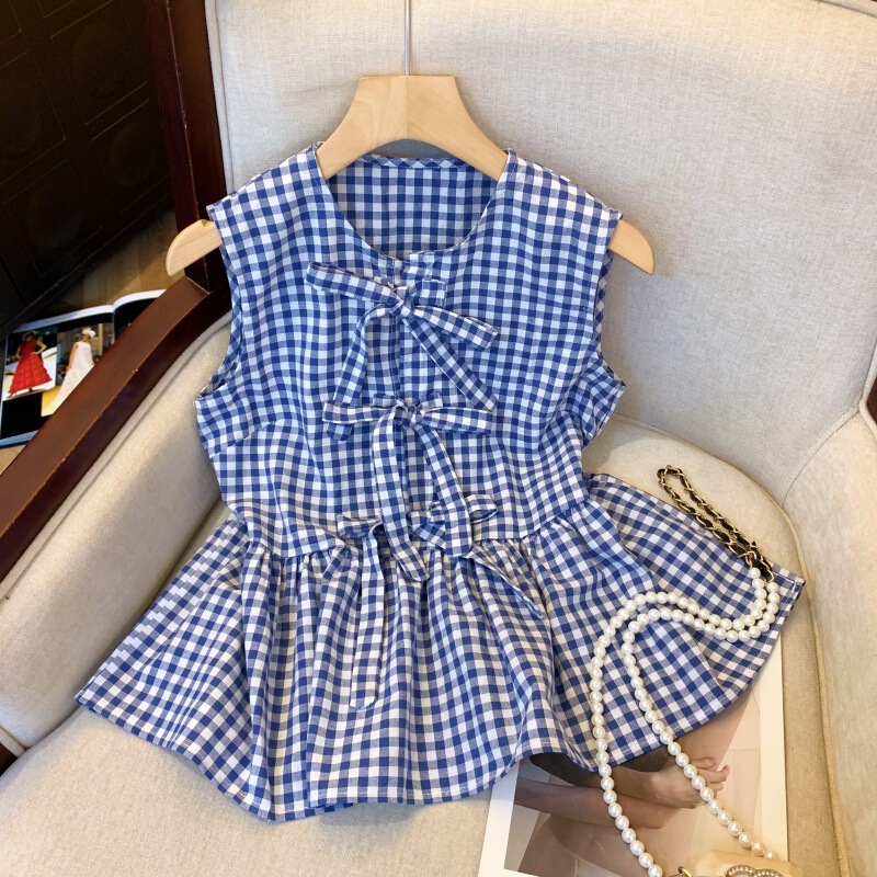 Real Shot French Bow Plaid Sleeveless Shirt Women's Outer Wear High-end Unique Beautiful Exquisite Top Small Shirt