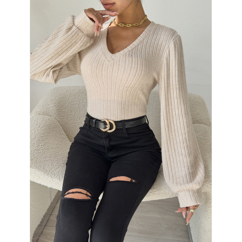 Cross-Border Exclusive Elegant Brushed Ribbed Lantern Sleeve Long-Sleeve V-Neck Knit Slim-Fit Bodysuit Top