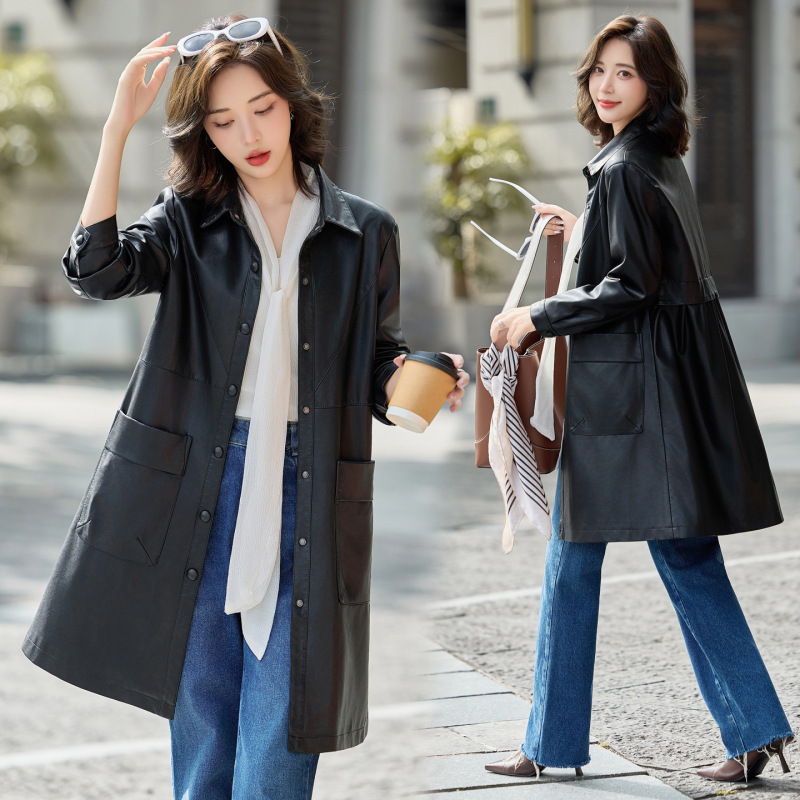Brand High-End Women's Leather Jacket 2025 Autum Fashionable Sheepskin Outwear Long Elegant Windbreaker Jacket Brand High-End Women's Leather Jacket 2025 Autum Fashionable Sheepskin Outwear Long Elegant Windbreaker Jacket