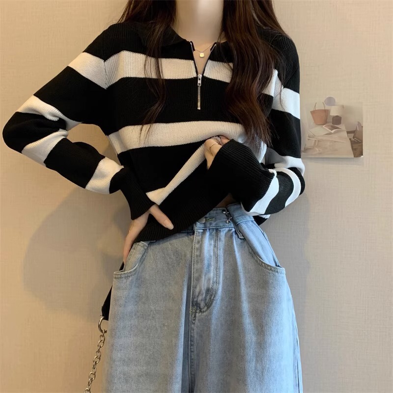 条纹针织衫上衣女2025新款秋翻领女士毛衣高知穿搭长袖打底衫|undefined
