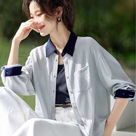 2026春新款撞色拼接翻领松紧下摆宽松薄款衬衫式外套女图片色露肩