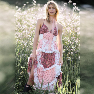 2025 European and American Clothing Aliexpress Amazon Sleeveless Suspender Digital Printing Long Skirt Splicing Skirt