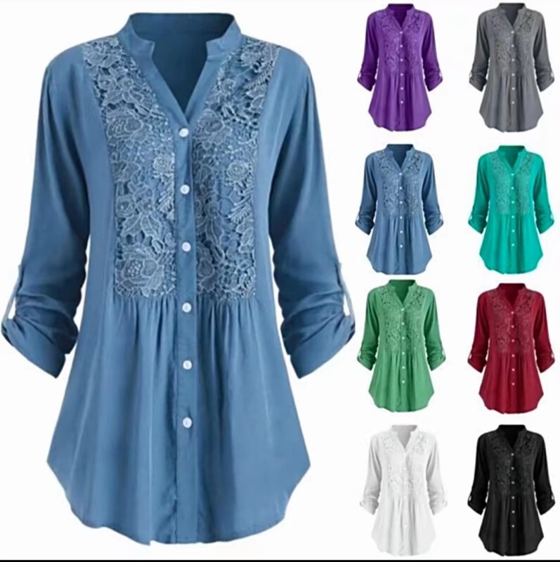 2023 cross-border new top European and American women's long-sleeved V-neck shirt Amazon plus size lace shirt