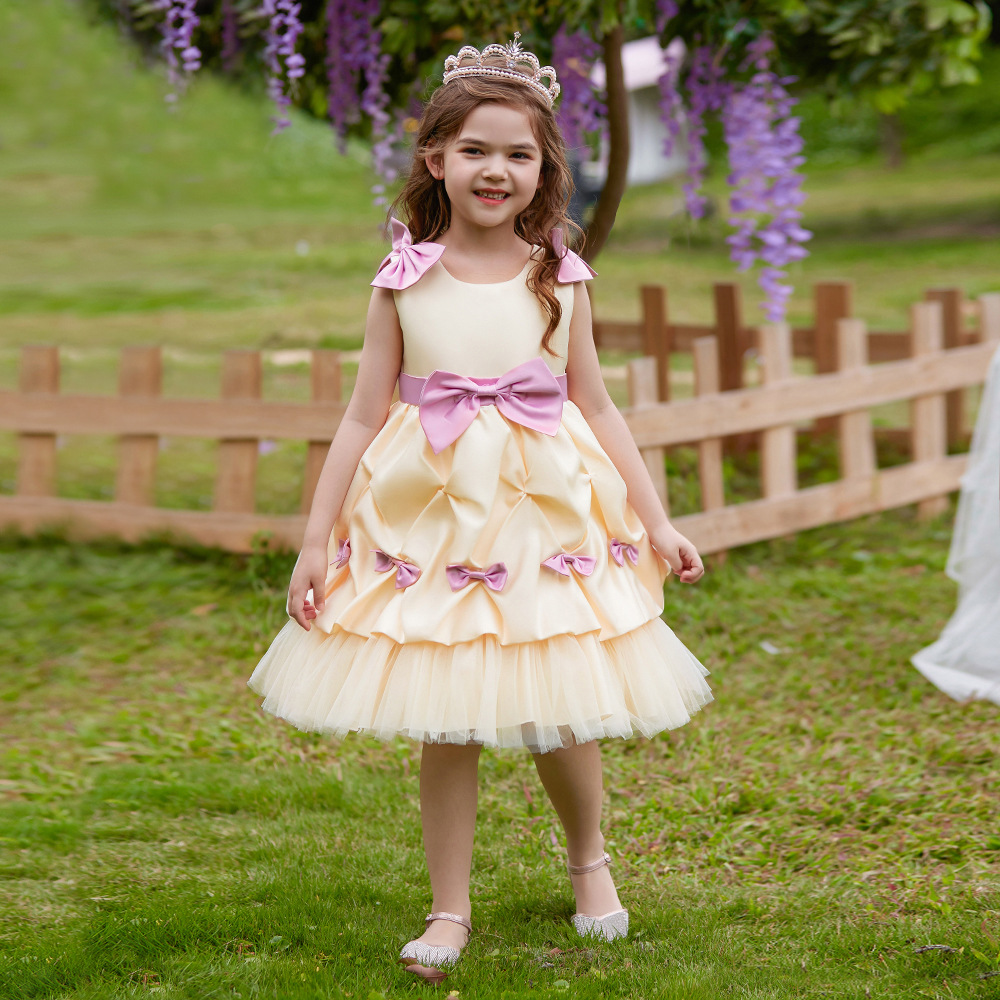 Europeo y americano deseo nuevo vestido de noche de las niñas sin mangas arco forjado tela anfitrión vestido flor niña vestido princesa vestido
