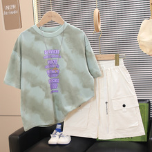 童装男童夏装T恤灰绿扎染流行短袖2024新款中大童薄款夏季两件套