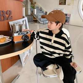 男宝宝长袖POLO衫薄款秋冬季条纹撞色翻领上衣男童套头衫加绒衬衫