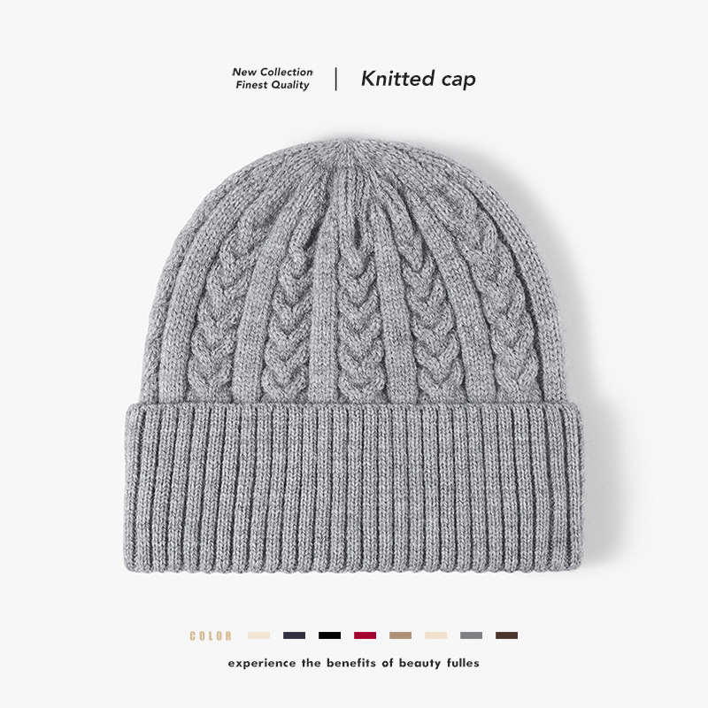 Venta al por mayor de fábrica, cobertura de jacquard de exportación, sombrero de punto con reborde, cálido y grueso, sombrero frío de cachemira de imitación, otoño e invierno, nuevos hombres y mujeres