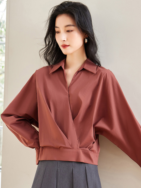 对白法式V领设计感衬衫女2025秋季新款衬衣气质简约别致通勤上衣|undefined