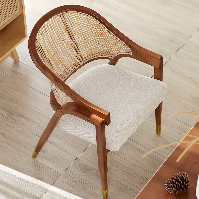 Solid Wood and Wicker Rattan Retro Dining Chair Leisure Chair Caf&eacute; Restaurant Upholstered Armchair Nordic Designer Single Wicker Chair