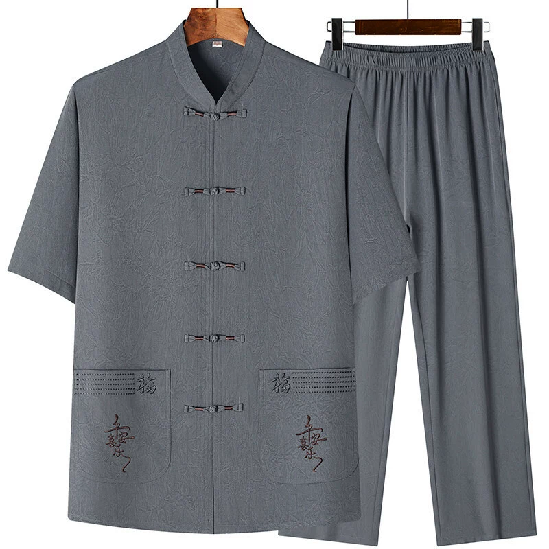 Summer silk set for elderly, breathable shirt, for middle age