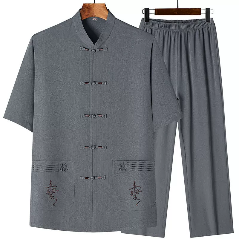 Summer silk set for elderly, breathable shirt, for middle age