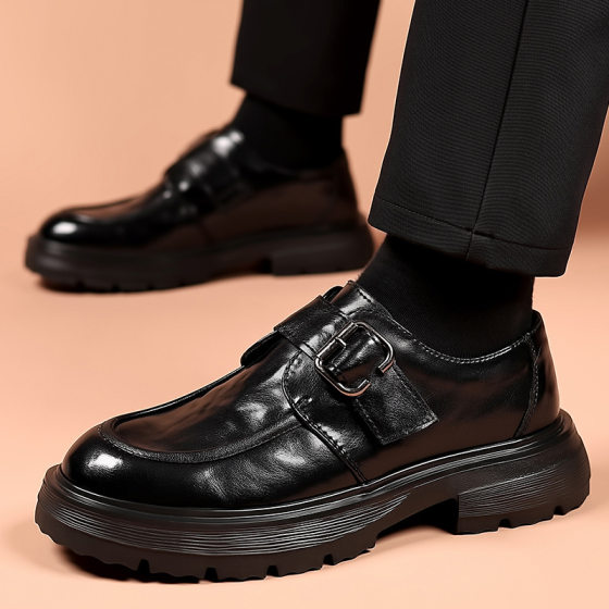 Men's Leather Shoes Men's Casual Slip-on Spring British Big Head Men's Business Derby Platform Height Increasing Loafers