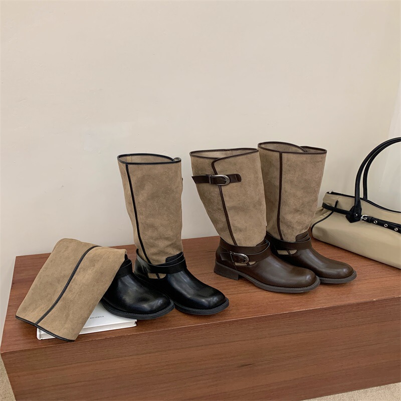 Women's long boots, 2026 autumn collection, featuring a chunky heel, soft sole, round toe, soft insole, Western-style design, suede patchwork, and a high shaft, resembling riding boots Women's long boots, 2026 autumn collection, featuring a chunky heel, soft sole, round toe, soft insole, Western-style design, suede patchwork, and a high shaft, resembling riding boots