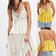 欧美跨境夏季新款女装 辣妹吊带网面绣花透视镂空花边上衣SU4158