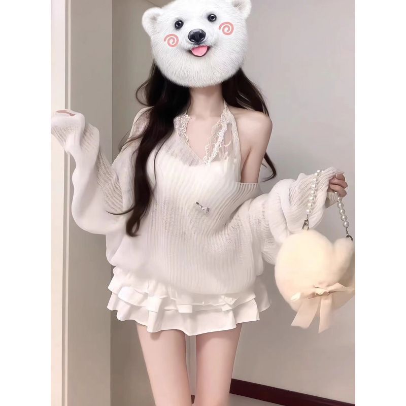 (2개) 세트 여성의 가을 뜨거운 소녀 어깨 긴 소매 니트 탑 레이스 서스펜더 높은 허리 스커트