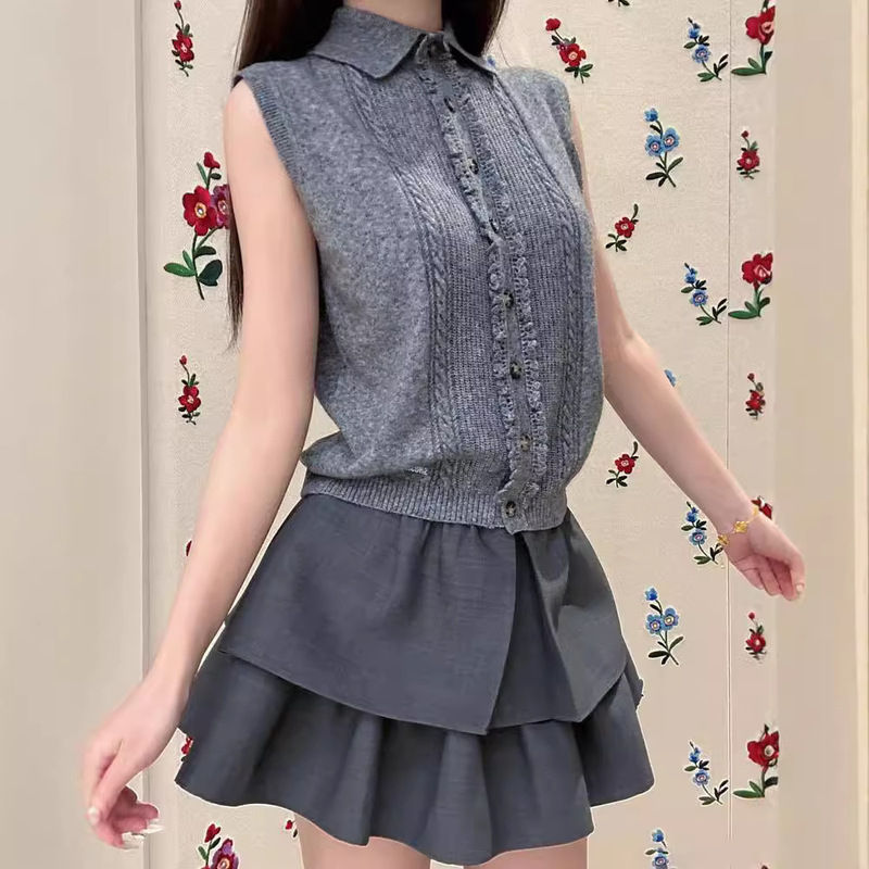 [Special Offer Items Are Non-Returnable] In-Stock Four-Color Versatile Commuter-Style Sleeveless Knitted Cardigan with a Turn-Down Collar