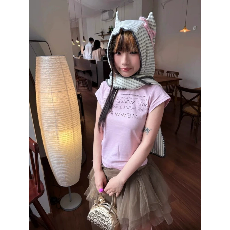 [210 г 40 хлопчатобумажных 1*1] Корейская футболка с нишевым принтом Летний новый тонкая рубашка