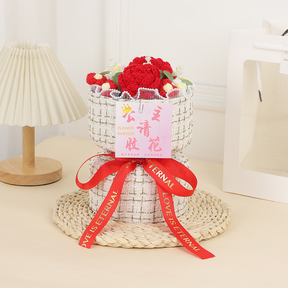 Día de la Madre Clavel de incienso pequeño tejido de flores de punto ramo de lana para esposa, novia, madre, regalo de cumpleaños