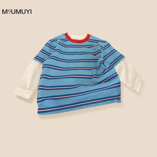 Korean Style Boys' Fake Two-Piece Stripesd T-Shirt 2025 New Autumn Pure Cotton Long-Sleeved Tops for Small and Medium-Sized Kidsren Loose Baby Shirts