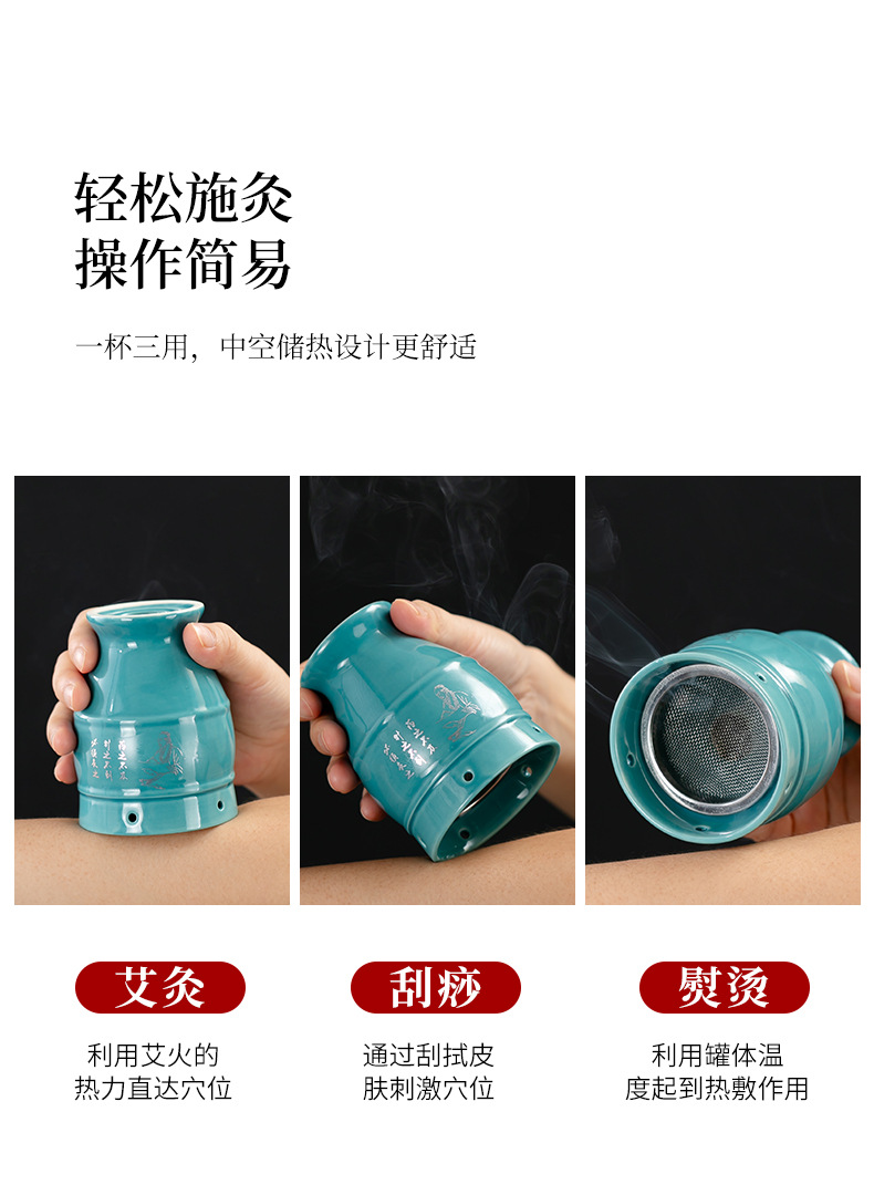 Ceramic Moxa Burner Jar Purple Clay Moxibustion Box with Moxa Stick Holder for Home Warming Therapy in use
